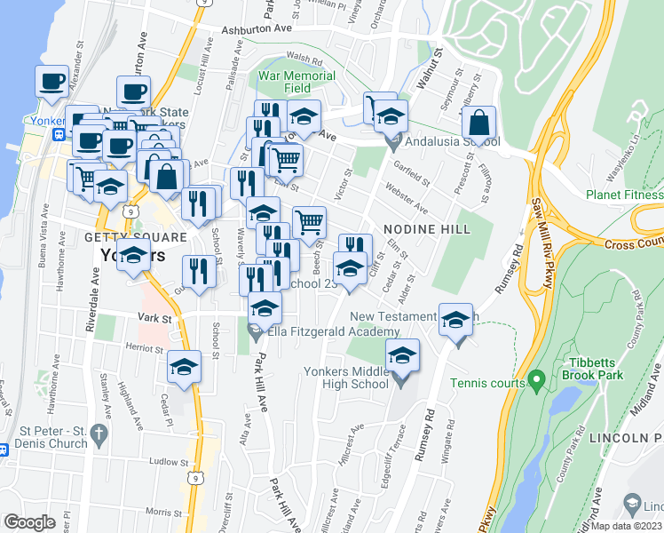 map of restaurants, bars, coffee shops, grocery stores, and more near 55 Van Cortlandt Park Avenue in Yonkers