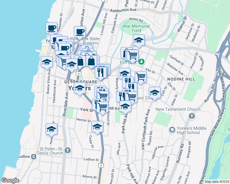 map of restaurants, bars, coffee shops, grocery stores, and more near 55 School Street in Yonkers