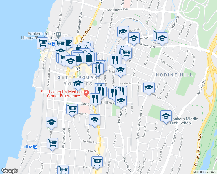map of restaurants, bars, coffee shops, grocery stores, and more near 55 School Street in Yonkers
