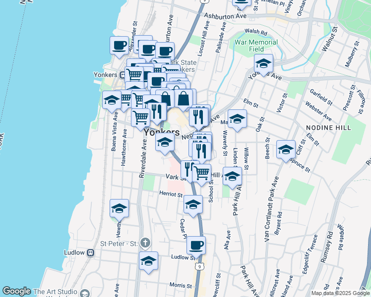 map of restaurants, bars, coffee shops, grocery stores, and more near 100 U.S. 9 in Yonkers
