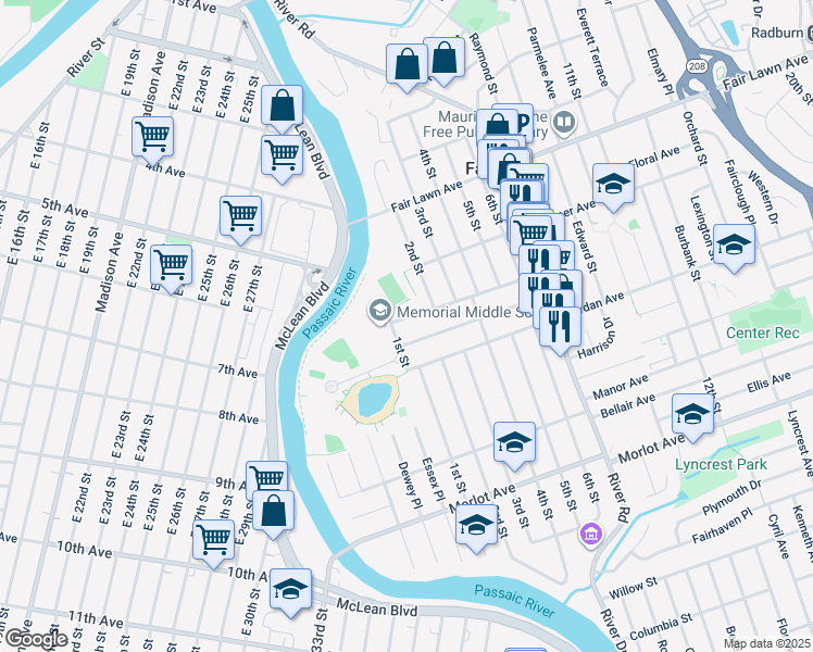 map of restaurants, bars, coffee shops, grocery stores, and more near 1-15 Lyons Avenue in Fair Lawn