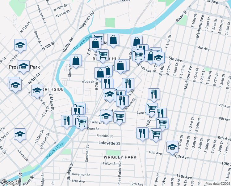 map of restaurants, bars, coffee shops, grocery stores, and more near 468 River Street in Paterson