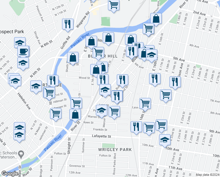 map of restaurants, bars, coffee shops, grocery stores, and more near 468 River Street in Paterson