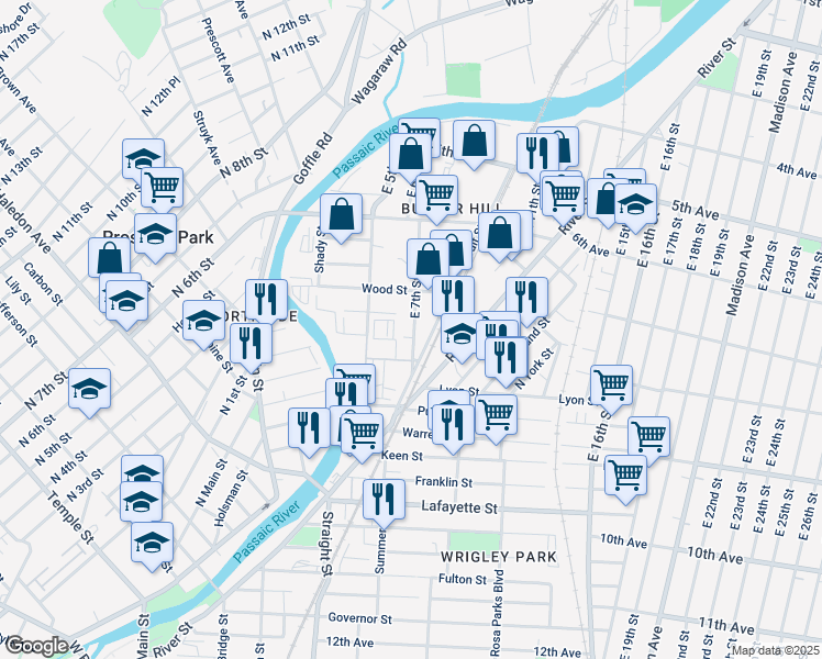 map of restaurants, bars, coffee shops, grocery stores, and more near 172 East 7th Street in Paterson