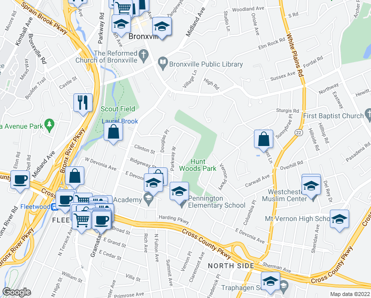map of restaurants, bars, coffee shops, grocery stores, and more near 36 Pondfield Parkway in Mount Vernon