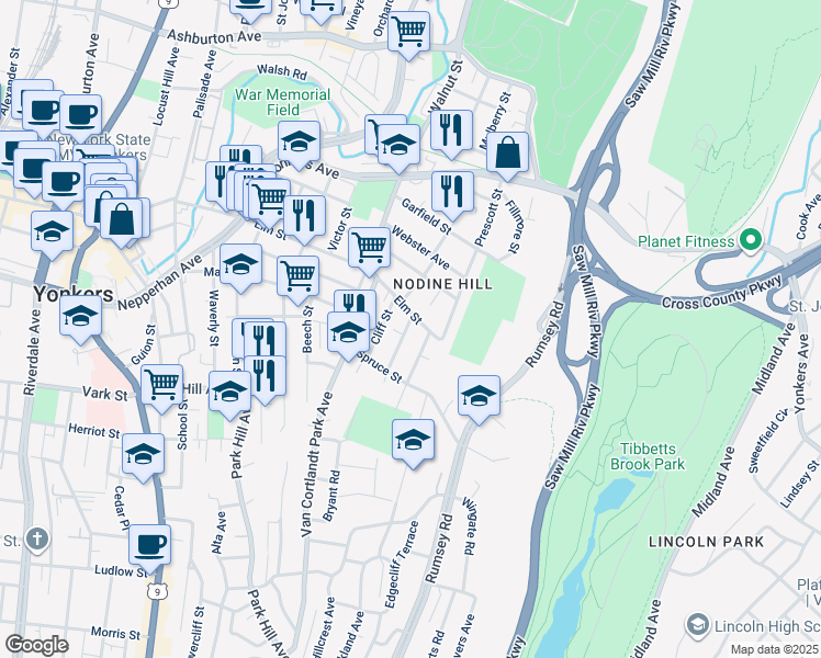 map of restaurants, bars, coffee shops, grocery stores, and more near 6 Cedar Street in Yonkers