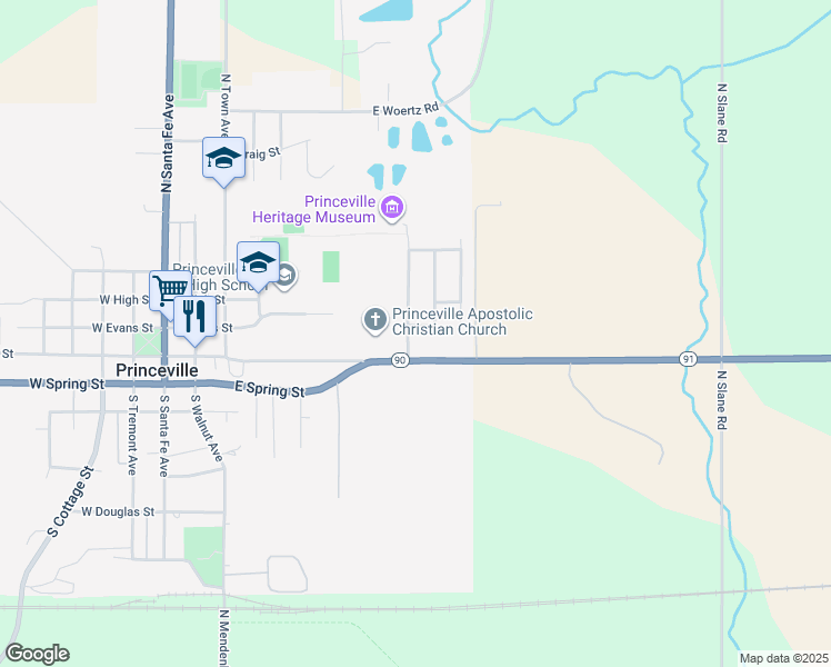 map of restaurants, bars, coffee shops, grocery stores, and more near 109 North Ostrom Avenue in Princeville