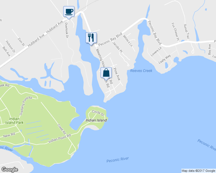map of restaurants, bars, coffee shops, grocery stores, and more near 55 Beach Road in Riverhead