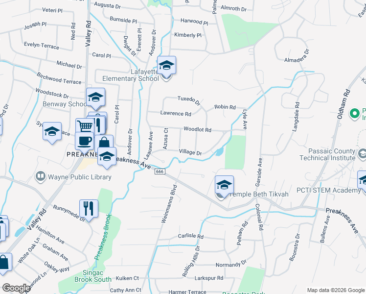 map of restaurants, bars, coffee shops, grocery stores, and more near 31 Village Drive in Wayne