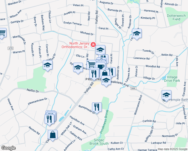 map of restaurants, bars, coffee shops, grocery stores, and more near in Wayne