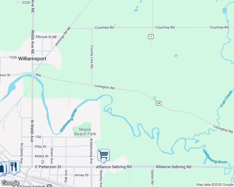 map of restaurants, bars, coffee shops, grocery stores, and more near 22707 Lexington Road in Alliance