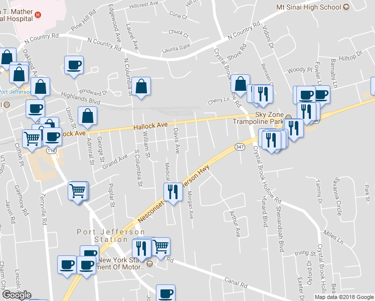 map of restaurants, bars, coffee shops, grocery stores, and more near 36 Market Street in Port Jefferson Station