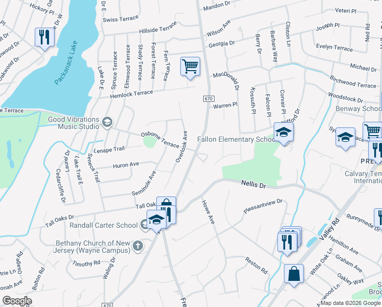 map of restaurants, bars, coffee shops, grocery stores, and more near 679 Alps Road in Wayne