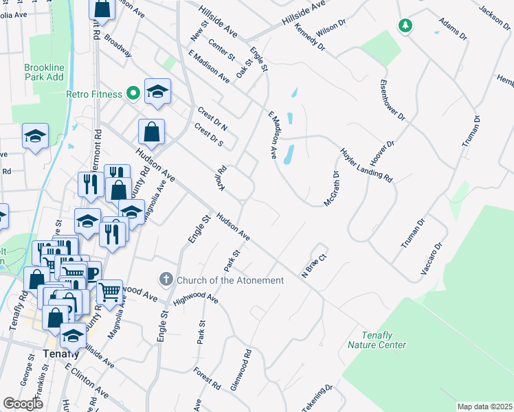 map of restaurants, bars, coffee shops, grocery stores, and more near 10 Knoll Road in Tenafly