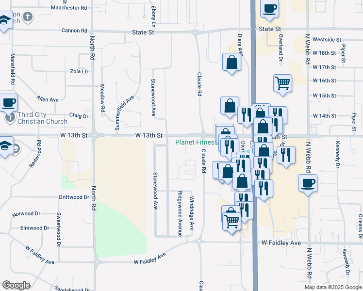 map of restaurants, bars, coffee shops, grocery stores, and more near 1204 Cedar Ridge Court in Grand Island