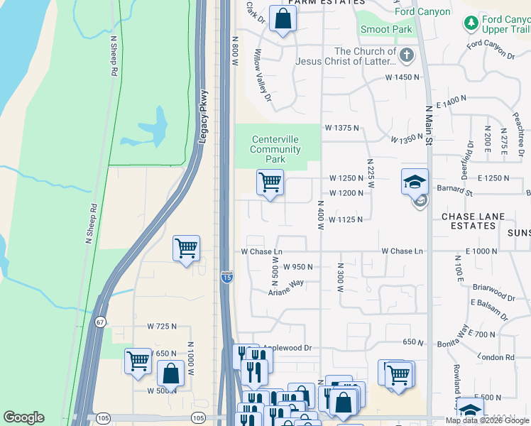 map of restaurants, bars, coffee shops, grocery stores, and more near 1154 North 700 West in Centerville