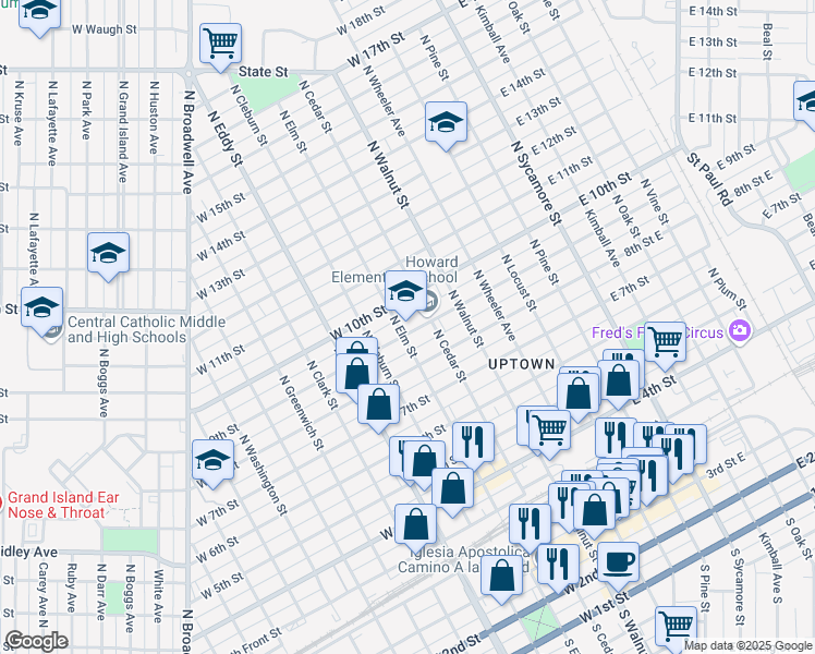 map of restaurants, bars, coffee shops, grocery stores, and more near 502 West 9th Street in Grand Island