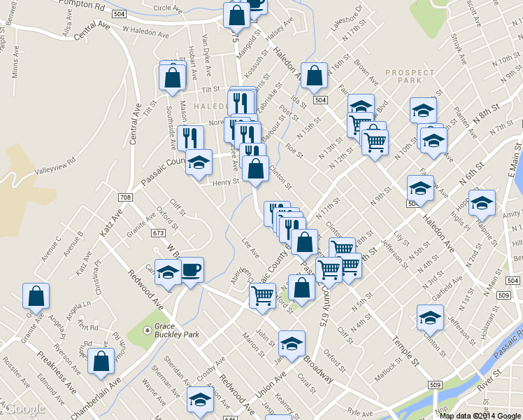 map of restaurants, bars, coffee shops, grocery stores, and more near 227 Belmont Avenue in Haledon