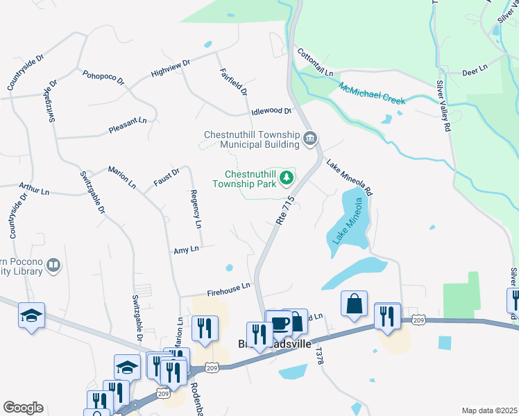 map of restaurants, bars, coffee shops, grocery stores, and more near 207 Pennsylvania 715 in Brodheadsville