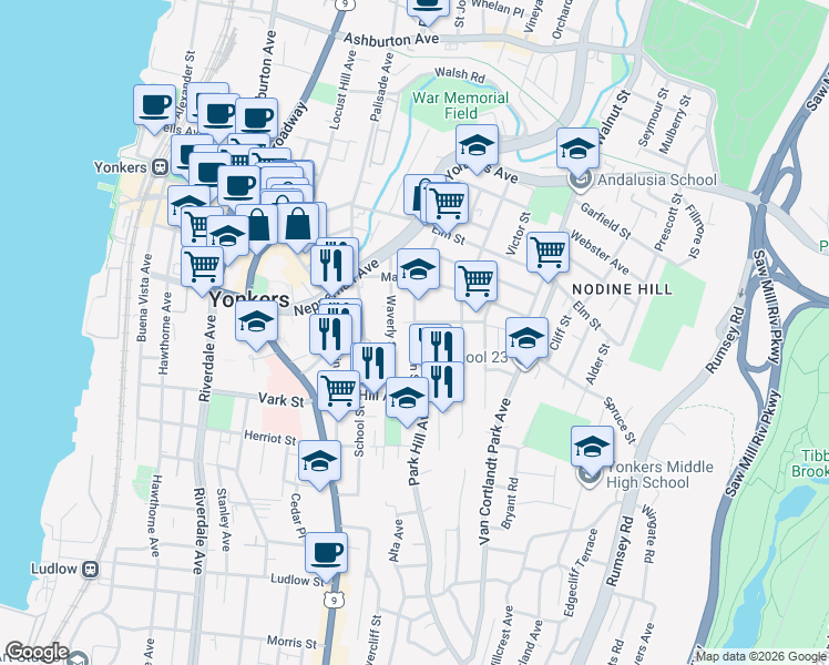 map of restaurants, bars, coffee shops, grocery stores, and more near 138 Linden Street in Yonkers