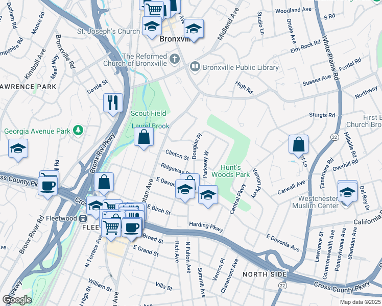 map of restaurants, bars, coffee shops, grocery stores, and more near 48 Clinton Street in Mount Vernon