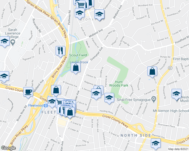 map of restaurants, bars, coffee shops, grocery stores, and more near 48 Clinton Street in Mount Vernon