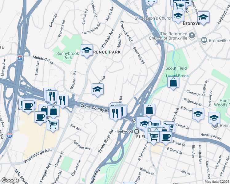 map of restaurants, bars, coffee shops, grocery stores, and more near 45 Eton Road in Yonkers