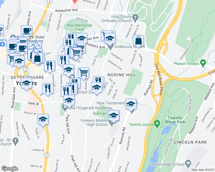 map of restaurants, bars, coffee shops, grocery stores, and more near 34 Cliff Street in Yonkers