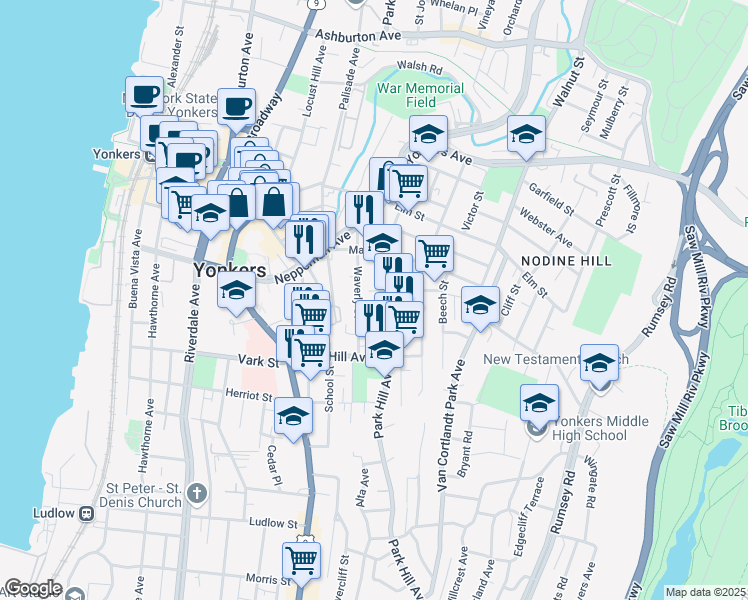 map of restaurants, bars, coffee shops, grocery stores, and more near 155 Linden Street in Yonkers