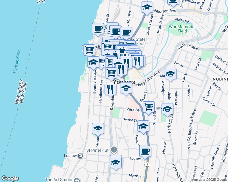 map of restaurants, bars, coffee shops, grocery stores, and more near in Yonkers