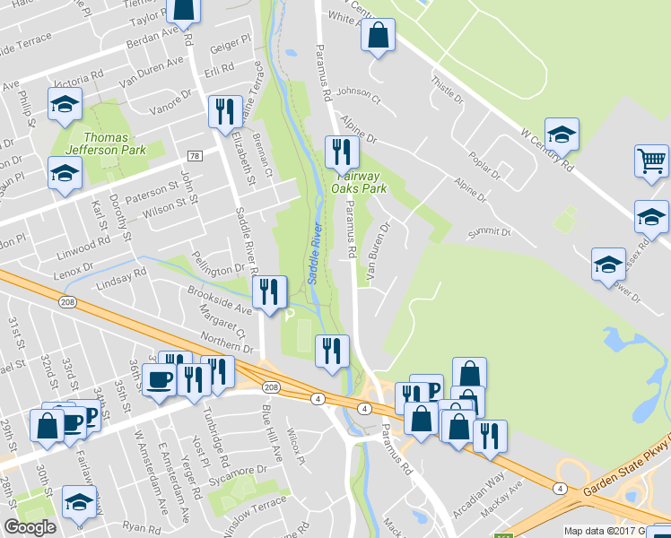 map of restaurants, bars, coffee shops, grocery stores, and more near 280 Starling Court in Paramus