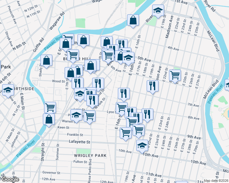 map of restaurants, bars, coffee shops, grocery stores, and more near in Paterson