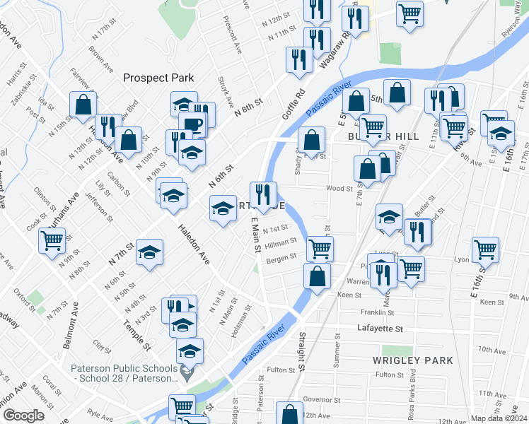 map of restaurants, bars, coffee shops, grocery stores, and more near 9 Amity Street in Paterson