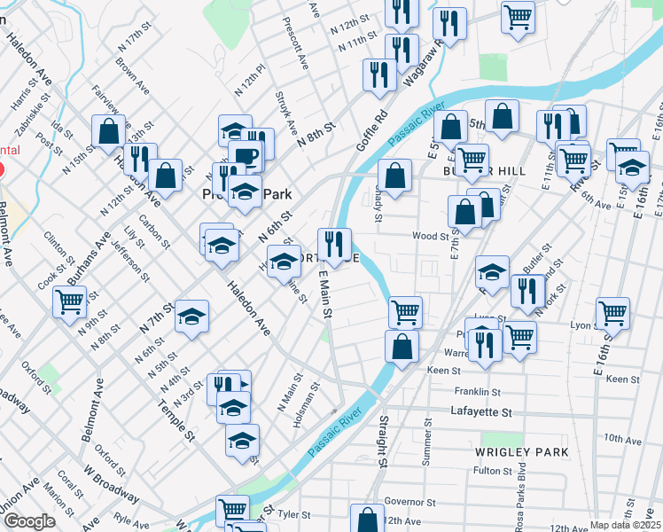 map of restaurants, bars, coffee shops, grocery stores, and more near 9 Amity Street in Paterson