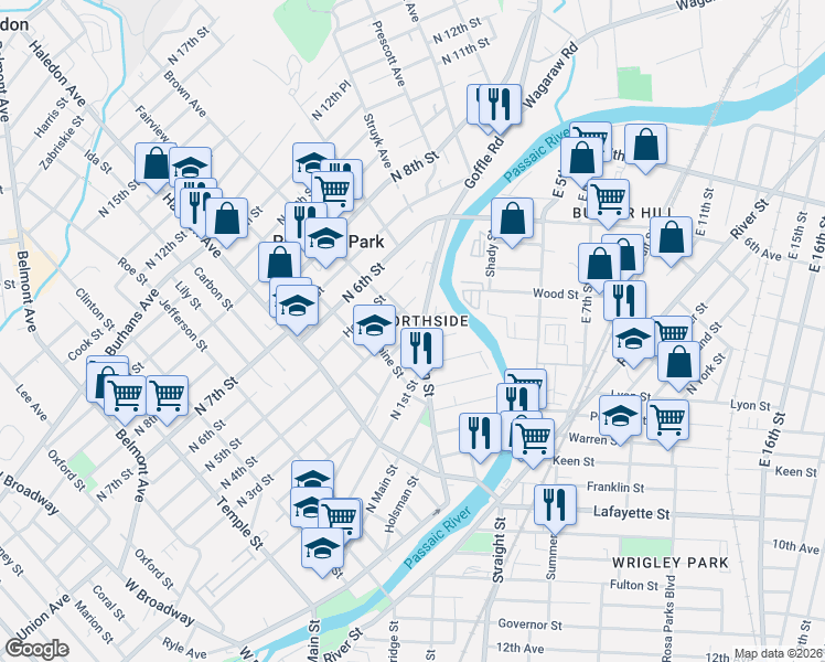 map of restaurants, bars, coffee shops, grocery stores, and more near 138 North 2nd Street in Paterson