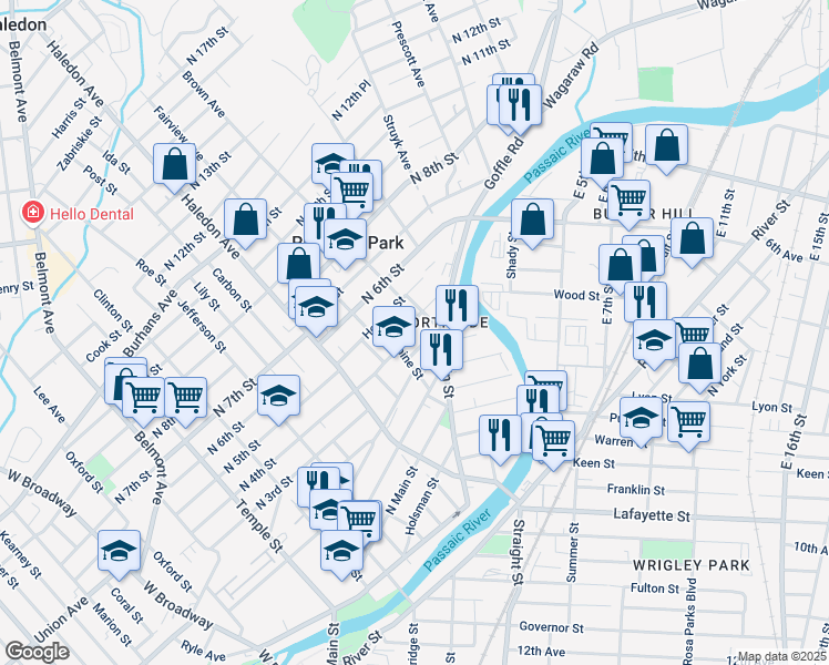 map of restaurants, bars, coffee shops, grocery stores, and more near 138 North 2nd Street in Paterson