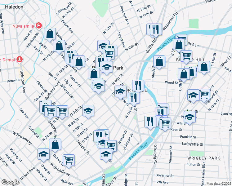 map of restaurants, bars, coffee shops, grocery stores, and more near 31 North 4th Street in Paterson