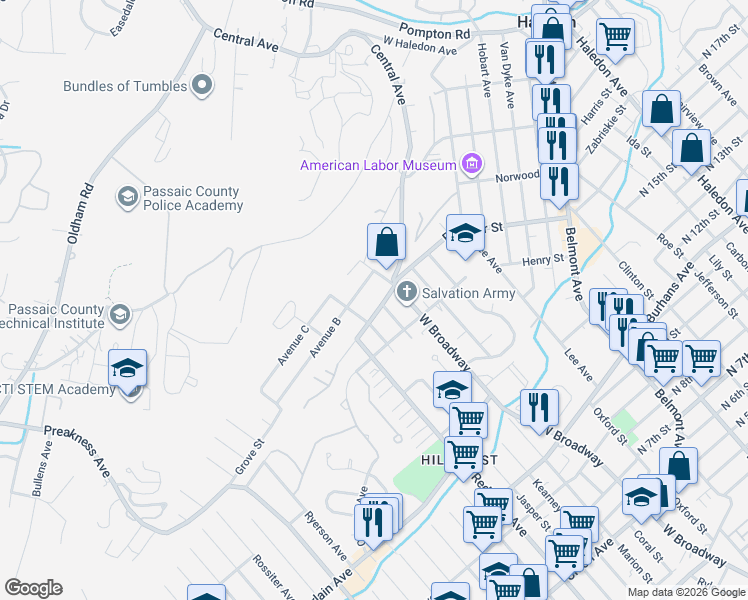 map of restaurants, bars, coffee shops, grocery stores, and more near 34 Katz Avenue in Paterson