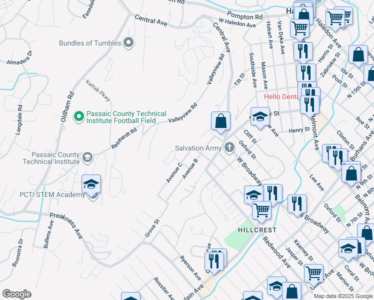 map of restaurants, bars, coffee shops, grocery stores, and more near 53 Avenue C in Haledon