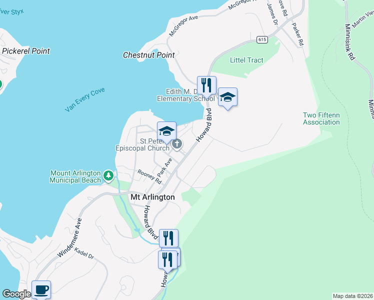 map of restaurants, bars, coffee shops, grocery stores, and more near 419 Howard Boulevard in Mount Arlington