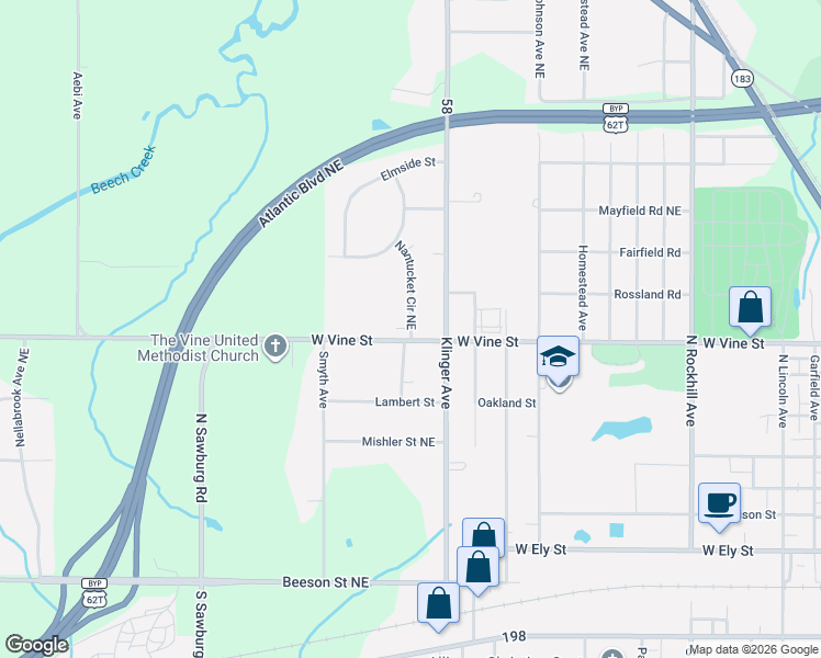 map of restaurants, bars, coffee shops, grocery stores, and more near 1350 Vine Street Northeast in Alliance