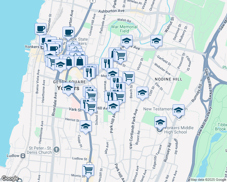 map of restaurants, bars, coffee shops, grocery stores, and more near 138 Linden Street in Yonkers