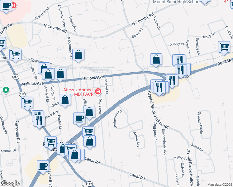 map of restaurants, bars, coffee shops, grocery stores, and more near 32 Grant Street in Port Jefferson Station