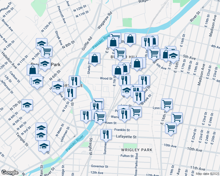map of restaurants, bars, coffee shops, grocery stores, and more near 172 East 7th Street in Paterson