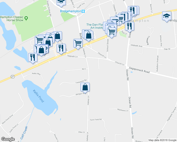 map of restaurants, bars, coffee shops, grocery stores, and more near 129 Halsey Lane in Water Mill