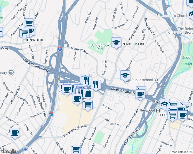 map of restaurants, bars, coffee shops, grocery stores, and more near 1222 Midland Avenue in Yonkers