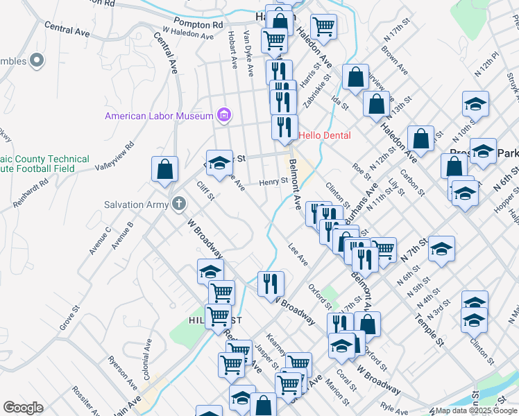 map of restaurants, bars, coffee shops, grocery stores, and more near Lee Avenue & Legion Place in Haledon