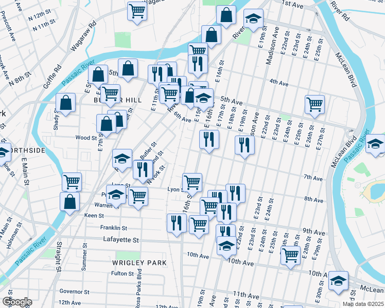 map of restaurants, bars, coffee shops, grocery stores, and more near 210 East 16th Street in Paterson