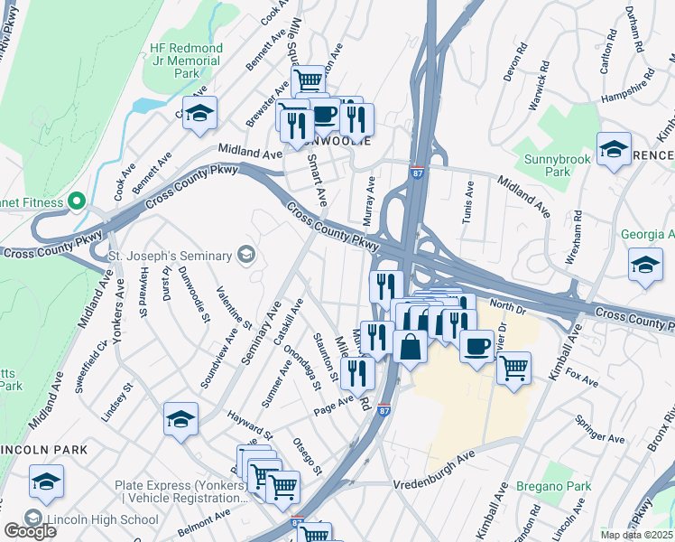 map of restaurants, bars, coffee shops, grocery stores, and more near 45 Mansion Avenue in Yonkers