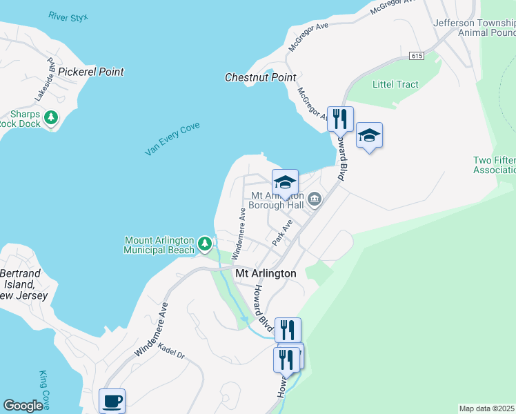 map of restaurants, bars, coffee shops, grocery stores, and more near 30 Windemere Avenue in Mount Arlington